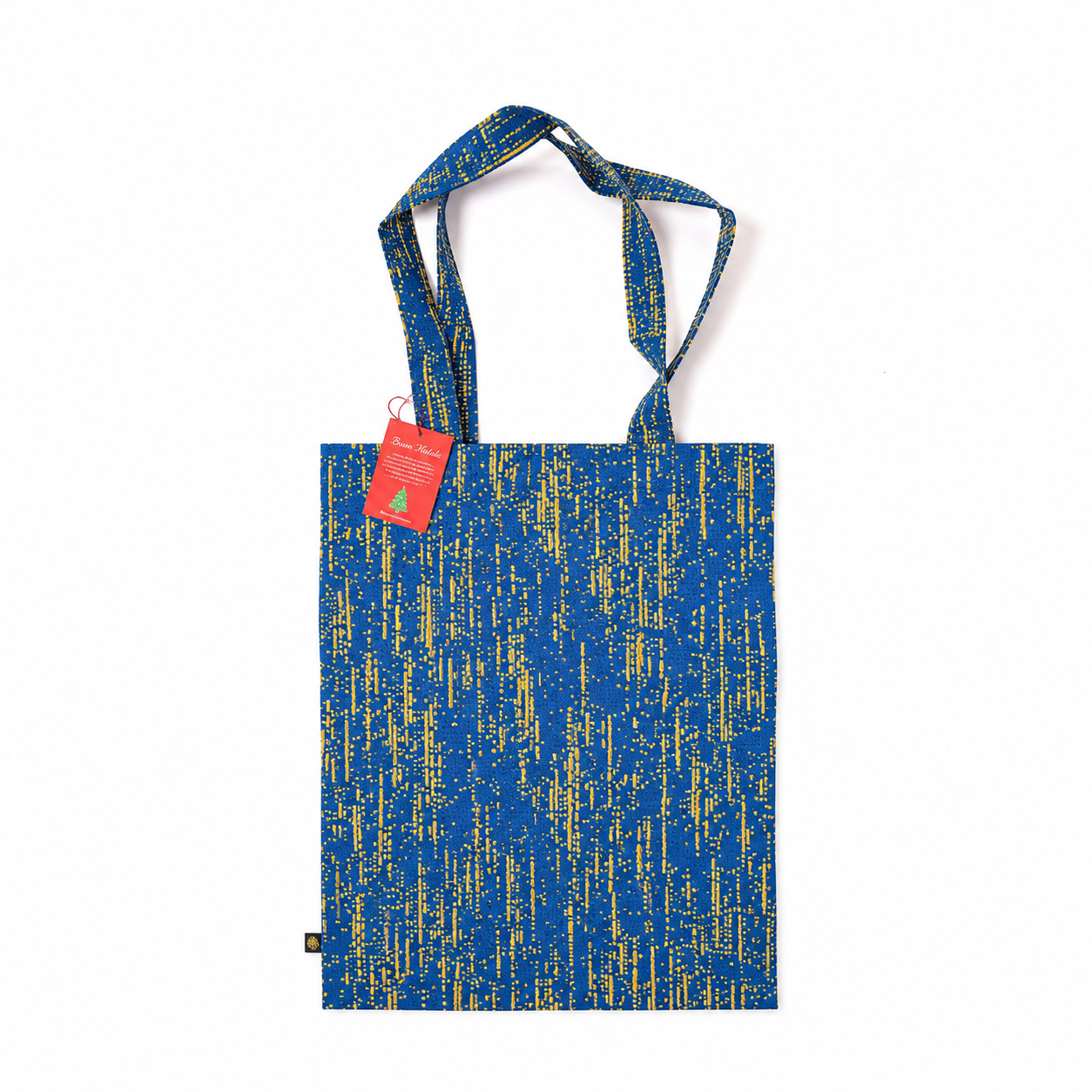 Borsa tote blu natalizia con tag rossa